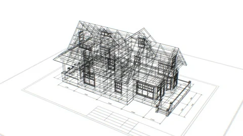 Rotating 3d Blueprint of Abstract Cottage on Engineering Plan Seamless on White Video stock 112568076