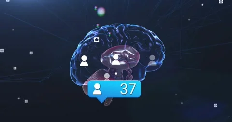 Rotating 3D brain initiating user icons appearing and count updating to 77 Stock Footage 320089170