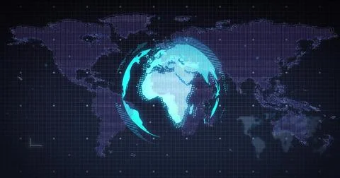 Rotating 3D cyan globe in console, with grid overlay, dotted world map, data Stock Illustration