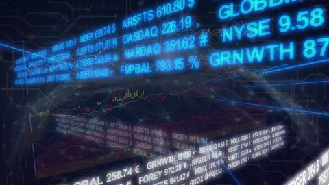 Rotating 3D data cube triggered by glowing ticker band, scrolling charts Stock Footage 335761810