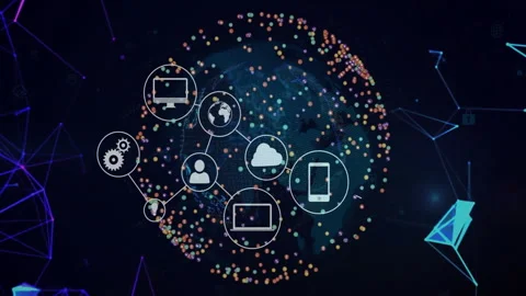 Rotating 3D data globe showing cloud icon appearing and linking multiple icons Stock Footage 311216698