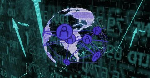 Rotating 3D digital globe showing purple user icons and connecting network lines Stock Illustration