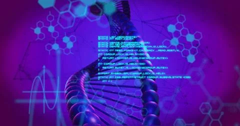 Rotating 3D DNA double helix in digital environment, with code overlay, Stock Illustration