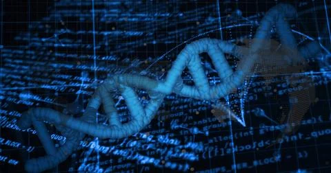 Rotating 3D DNA helix displaying segmented mesh in virtual analytics dashboard Illustrazione stock