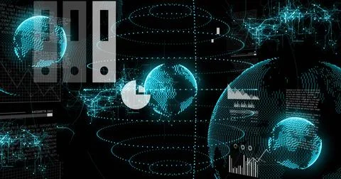 Rotating 3D dotted globe at right showing HUD panels and charts in 3D dashboard, Stockillustratie