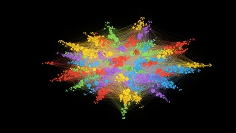 Rotating 3d dynamic data clusters and interconnected nodes create a vibrant Vídeo Stock 345994768