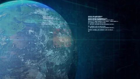 Rotating 3D Earth globe appearing on dark backdrop, code scrolling, padlock Stock Footage 311225086