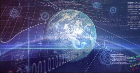 Rotating 3D Earth globe displaying stock charts in virtual high-tech interface, Stock Illustration