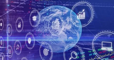 Rotating 3D Earth globe displaying circular UI icons, stock tickers, graphs i Stock Illustration