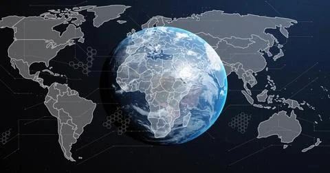 Rotating 3D Earth globe displaying map outlines in space, with hex markers and Stock Illustration