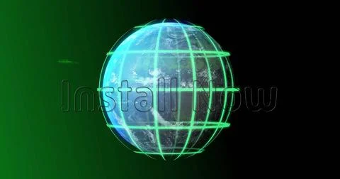 Rotating 3D Earth globe displaying virtual interface space, with neon green grid Stock Photos