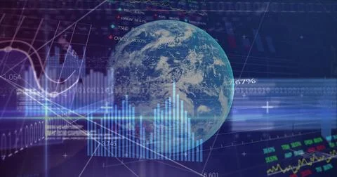 Rotating 3D Earth globe displaying market data in virtual dashboard, line graphs Stock Photos