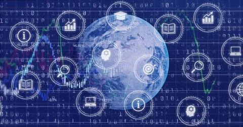 Rotating 3D Earth globe floating over network grid, with binary digits, line Stockillustratie
