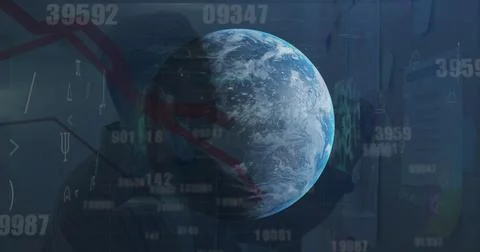 Rotating 3D Earth globe floating in virtual dashboard, numeric overlays, chart Stock Photos