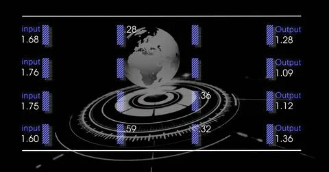 Rotating 3D Earth globe hovering on screen, with HUD rings, striped charts Illustrazione stock