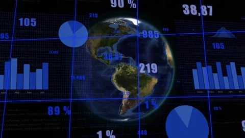 Rotating 3D Earth globe revealing metrics on data dashboard, showing blue grid, Stock Footage 331169203