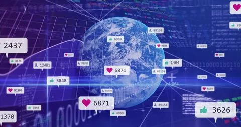 Rotating 3D Earth globe showcasing network dashboard, with binary code and Foto stock