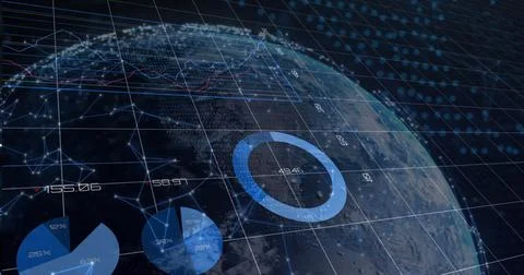 Rotating 3D Earth globe showing data charts, grid overlay and numeric labels in Illustrazione stock
