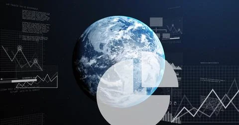 Rotating 3D Earth globe showing pie chart segment on cosmic digital dashboard, Stock Illustration