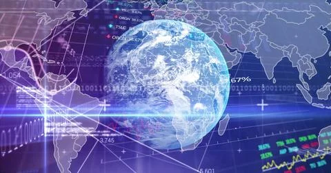 Rotating 3D Earth globe streaming binary code and line bar charts in dashboard Stock Illustration