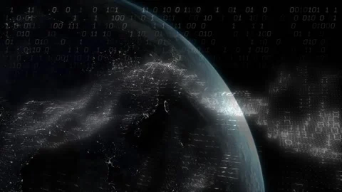 Rotating 3D globe causing binary digits to form ring while streams rising to Stock Footage 312230094