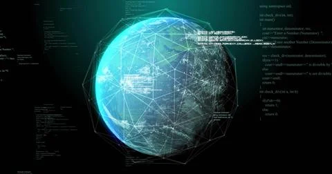 Rotating 3D globe in dark cyberspace, displaying wireframe network, glowing 스톡 일러스트