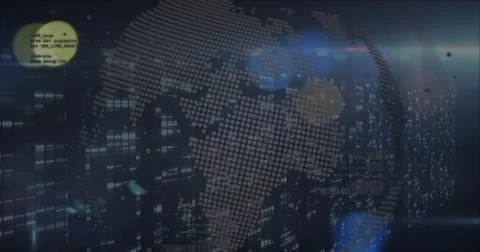Rotating 3D globe displaying dotted world map in virtual data space, with 写真素材