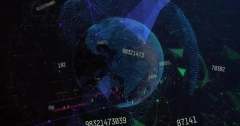 Rotating 3D globe displaying numeric overlays, candlesticks and network lines in 스톡 사진