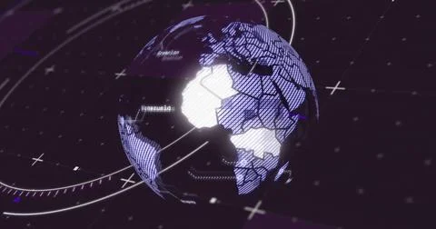 Rotating 3D globe displaying text labels in purple interface with orbit lines Stock Illustration