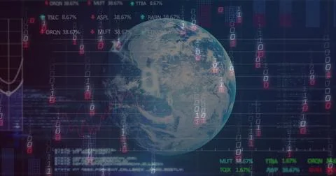 Rotating 3D globe of Earth on dashboard, projecting binary digits, stock tickers Foto stock