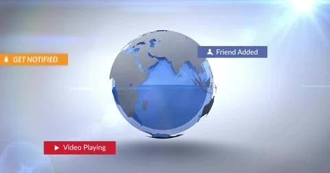 Rotating 3D globe floating in digital interface, with UI notification panels and Ilustração Stock