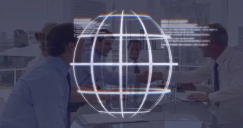 Rotating 3D globe glitching code bars guiding leaders shaking hands sealing Stock Footage 313355088