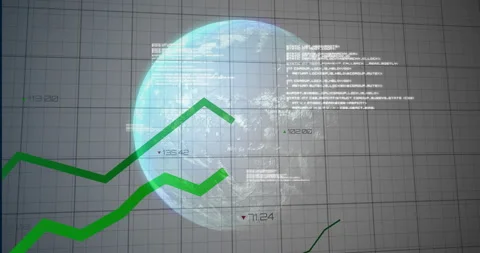 Rotating 3D globe initiating data flow while green dark lines tracing trends and Stock Footage 309721198