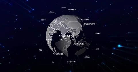 Rotating 3D globe in navy displaying map lines, timestamps, hex codes, blue イラスト素材
