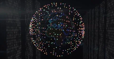 Rotating 3D globe outlining neon continents in data space, orbiting spheres and Stock Illustration