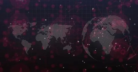 Rotating 3D globe on right-side, showing world map with grid overlay and tech Stock Photos