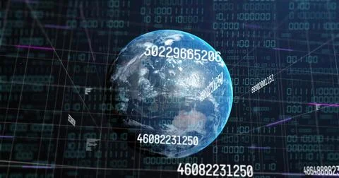 Rotating 3D globe showing clouded continents in data grid, overlaying numeric Stock Photos