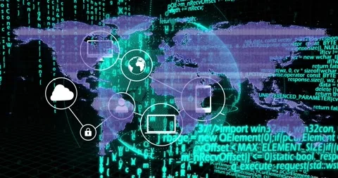 Rotating 3D globe spawning cloud padlock user and device icons linking into Stock Footage 317858505