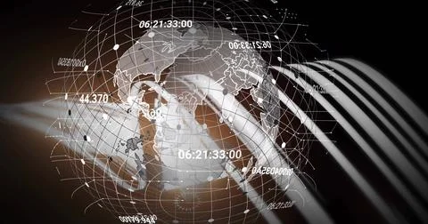 Rotating 3D globe on studio backdrop, displaying numeric overlays, node network Stock Illustration