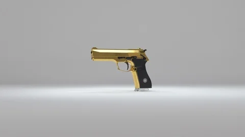 Rotating 3D Golden Gun Model Against White Gradient Background Stock Footage 112805236