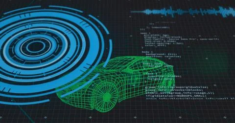 Rotating 3D green wireframe car center-right on dark grid plane showing blue HUD Stock Photos
