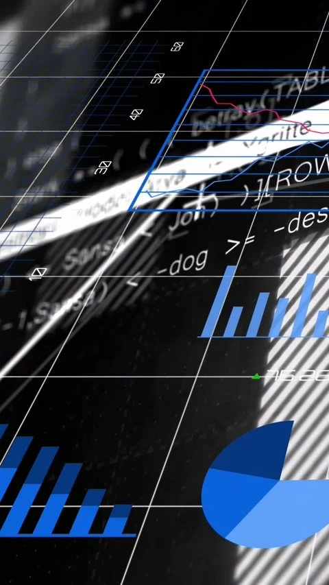Rotating 3D grid plane revealing bars, lines, pie charts and code guiding tech Stock Footage 332775214