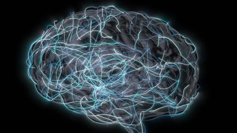 Rotating 3D human brain with moving neuron signals. Reading neural signals Stock Footage 150465624