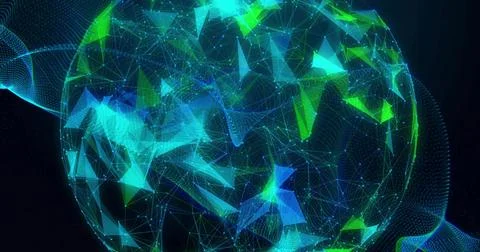 Rotating 3D mesh globe pulsing with neon nodes and flowing dotted ribbons in Stock Illustration