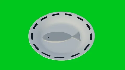 Rotating 3D Minimalist Fish on White Plate with Dashes on Green Screen Video stock 309809634