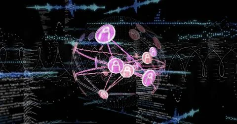 Rotating 3D network globe pulsing in virtual cyberspace, showing magenta nodes Stock Photos