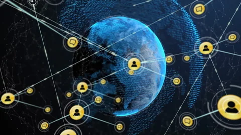 Rotating 3D point-cloud Earth opening user node, spawning chat bubbles and Video stock 311417106