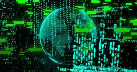 Rotating 3D point-cloud globe hovering in virtual data field, showing binary Stock Illustration