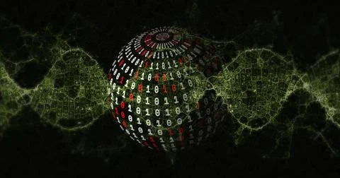 Rotating 3D sphere displaying binary digits in virtual space, with fractal 写真素材