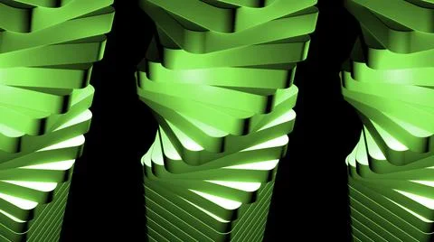 Rotating 3d spirals on black background. Design. Repeating 3d spirals rotate in Illustrazione stock